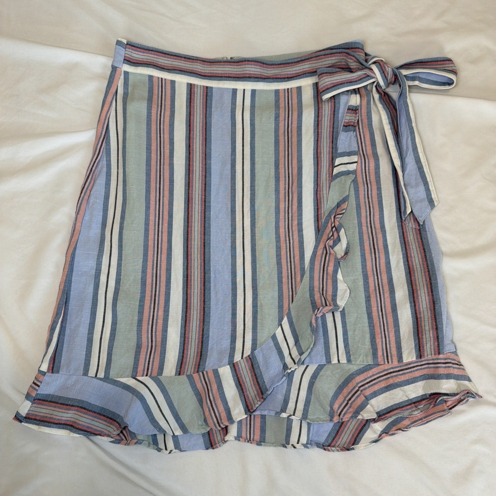 LOFT Blue Pink Striped Linen Blend Wrap Skirt Tie Ruffle Hem Size 4 Cottagecore